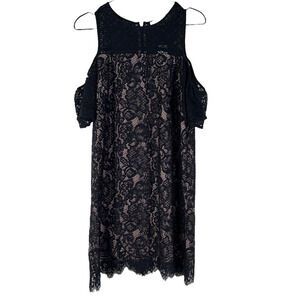 Loft Womens Shift Dress Black Beige Floral Lace Cold Shoulder Scoop Zipper 2
